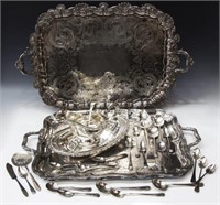 GROUP OF SILVERPLATE SERVICE TRAYS & TABLEWARE