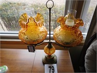 DOUBLE LAMP WITH BRASS BASE & FLUTED AMBER SHADES
