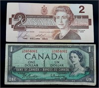 2 billets de 1$ et de 2$ CANADA 1954 et 1986