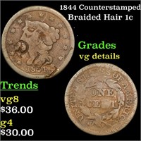 1844 Braided Hair Large Cent Counterstamped 1c Gra