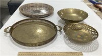 3 Brass serving bowls, tray  & 1 Sliver serving