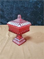 Ruby glass honey pot approx 5 inches tall