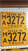 Two 1951 Texas truck license plates