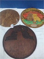 Three Pyrography Wood Carved Wall Decorations x3