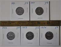 1951 thru 1954 Canada 5 cent coins - info