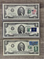 (3) 1976 2 Dollar Bills with Stamps & Postmarks