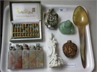 TRAY: 7 ORIENTAL FIGURES, SPOON, ETC.