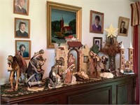 Large 13pc porcelain and cloth Nativity scene