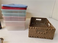 Four Large Storage Totes and One Wicker Tote