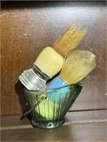 2 Vintage Shaving Brushes, Glass Pail