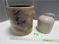 Stoneware crock and jug;  crock is cracked