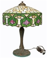 Antique Art Nouveau Stained & Leaded Glass Lamp.