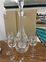 Etched Leaf Crystal Glass Decanter w/ 6 Matching