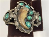 STERLING? NAVAJO TURQUOISE & BEAR CLAW BRACELET