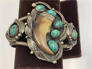 STERLING? NAVAJO TURQUOISE & BEAR CLAW BRACELET