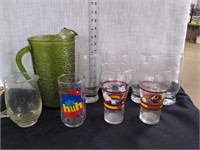 Vtg green pitcher Redskin's Coke glasses+others