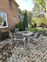 Patio Table, 6 Chairs, Umbrella (Some Seats Need