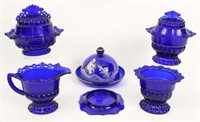 Six Pcs. Cobalt Blue Glass w/ Mary Gregory Butter