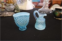 Fenton blue hobnail fan vase & cruet (no stopper)