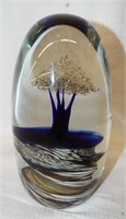 Large Artist Signed Glass Paper Weight With Tree