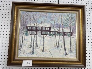 Framed painting on board - house winter