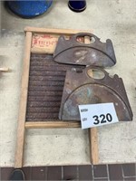 VTG. WASHBOARD, AND ANTIQUE DUST PANS