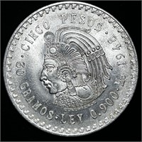 1948 HIGH MS UNCIRCULATED 90% SILVER CINCO PESOS