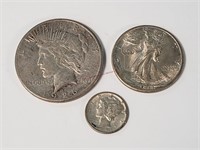 1926-S Peace Dollar, Walking Lib. Half, & Mercury