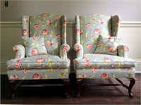 Pair of Light Green Floral Wingback Chairs