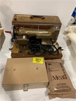 ANTIQUE NEW HOME SEWING MACHINE, METAL LOCK BOX,