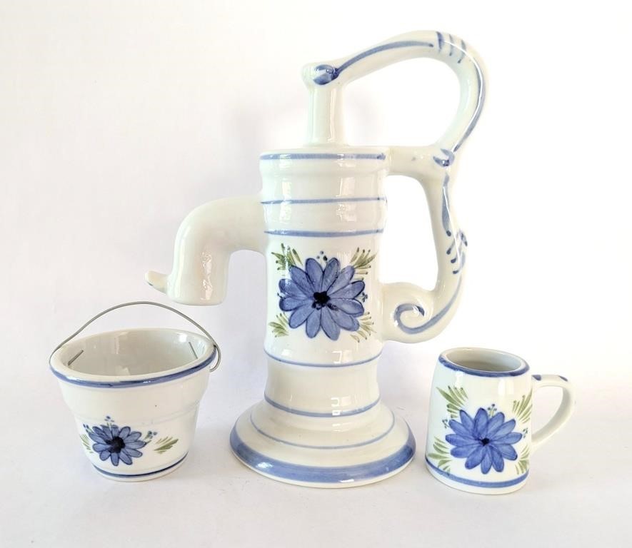 Vintage Pitcher Bucket Cup White with Blue Flower