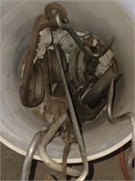 White Bucket of Metal Pulleys Hooks Etc