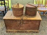 2 Red Painted Sap Buckets & Wooden Trunk