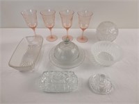 Pink depression stems/assorted clear/frosted glass
