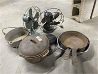 2 Vintage  Fans,  Dutch Oven and Skillets