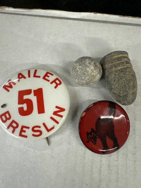 MAILER BRESLIN PIN, a cat pin, a lead bullet and