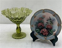 Green glass compote and decorative plate