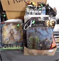 BOX OF ACTION FIGURES W/ SPAWN, X-FILES, MORE