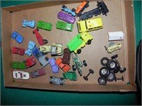 Box of Old Metal Toy Cars, wheels, etc.