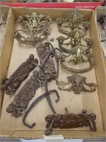 5 brass cast dresser drawer pulls - 4 embossed