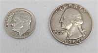 US Silver Coins - 1959 Dime, 1960 Quarter