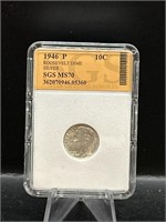 Graded 90% Silver Roosevelt Dime 1946P MS70