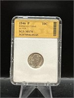 Graded 90% Silver Roosevelt Dime 1946P MS70