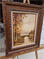 Fall Bridge Scene Oil painting signed ABLE