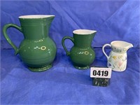3 Ceramic Pitchers, 2 Green & Small Floral