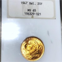1947 Swedish Gold 20 Francs NGC - MS65