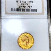 1873 Swedish Gold 10 Kroner NGC - MS65