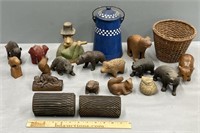 Carved Wood Animals; Grain Painting Rollers & Lot