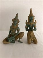 Two Green and Gold Metal Asian Temple Figures