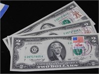 Three 1976 $2 bills, U.S. stamps & Georgetown